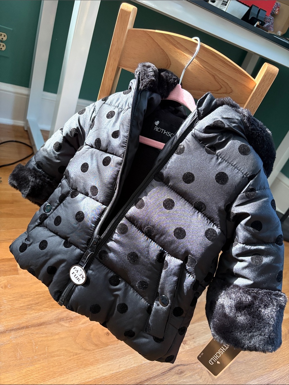 Rothschild Black Polka Dot Girls' Puffer Jacket with Faux Fur Trim